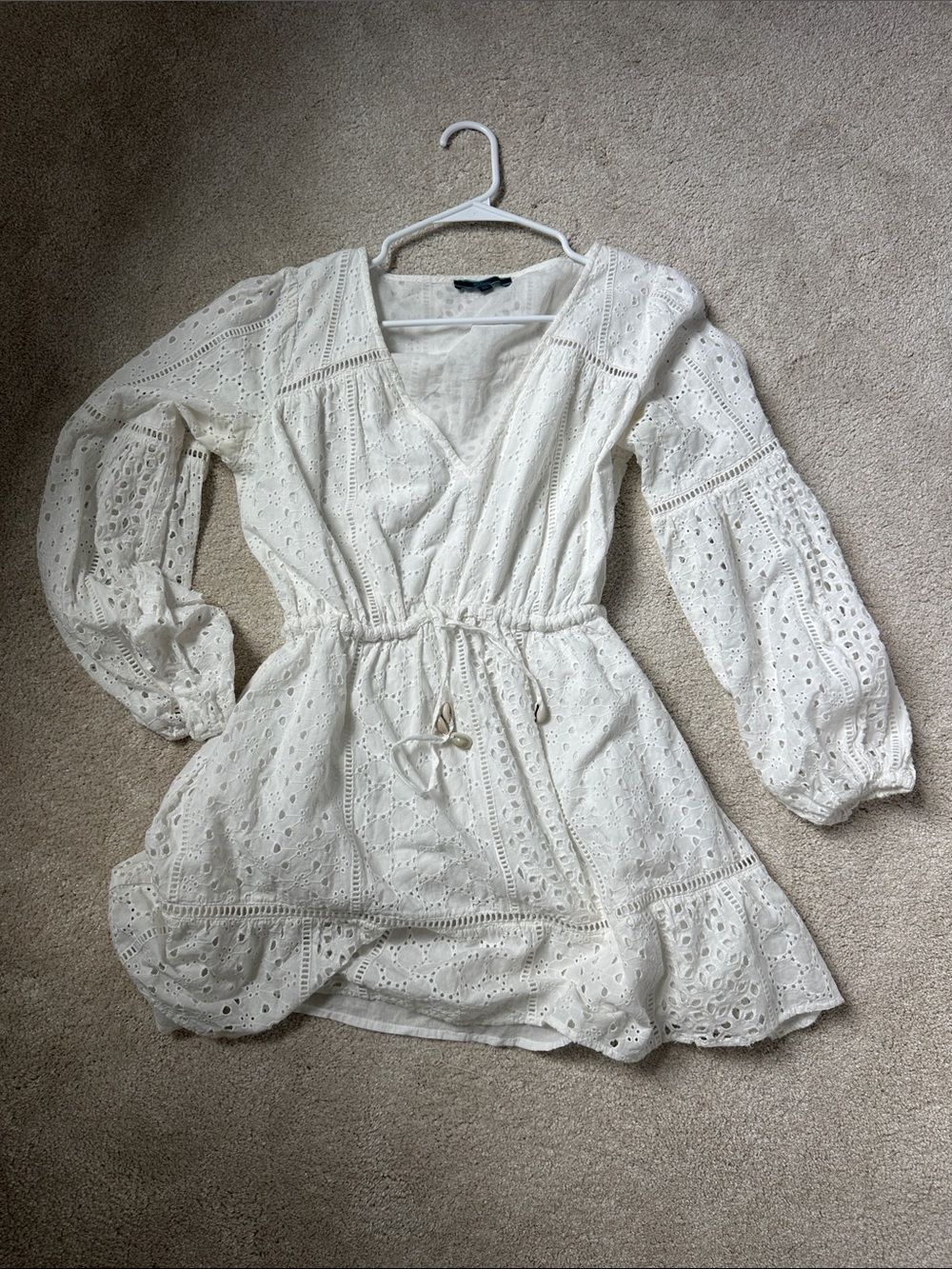 White Eyelet Peasant Dress with Drawstring Waist
